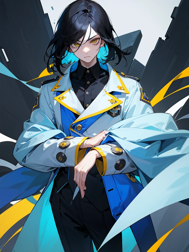 The image features an character with black hair and a single white streak. The character has pale skin and is wearing a high-collared blue coat with yellow buttons. They have a serious and stern facial expression, with one yellow eye and one gray eye. The background of the image is bright blue.