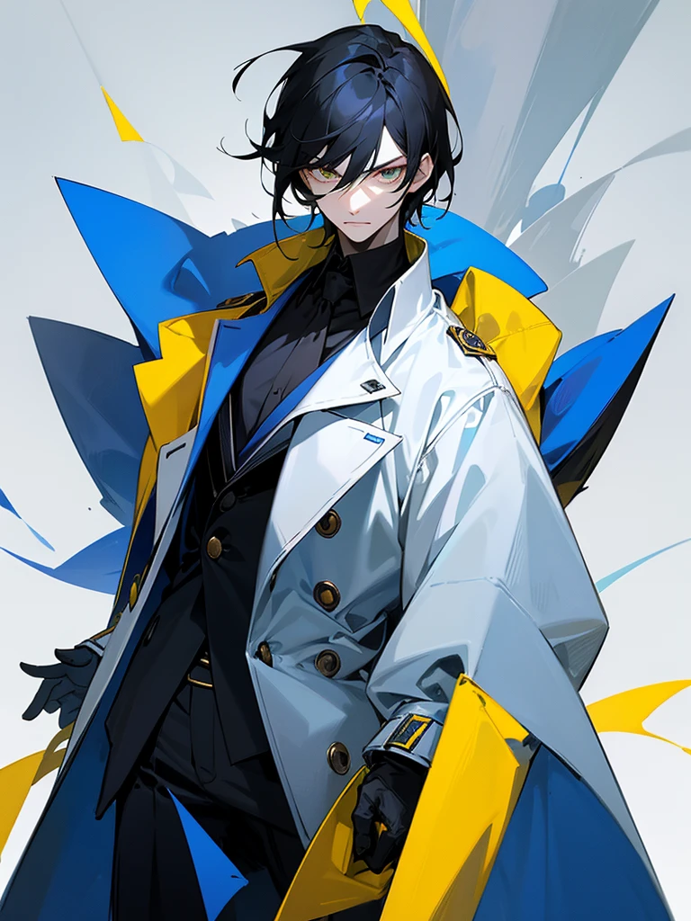 The image features an character with black hair and a single white streak. The character has pale skin and is wearing a high-collared blue coat with yellow buttons. They have a serious and stern facial expression, with one yellow eye and one gray eye. The background of the image is bright blue.
