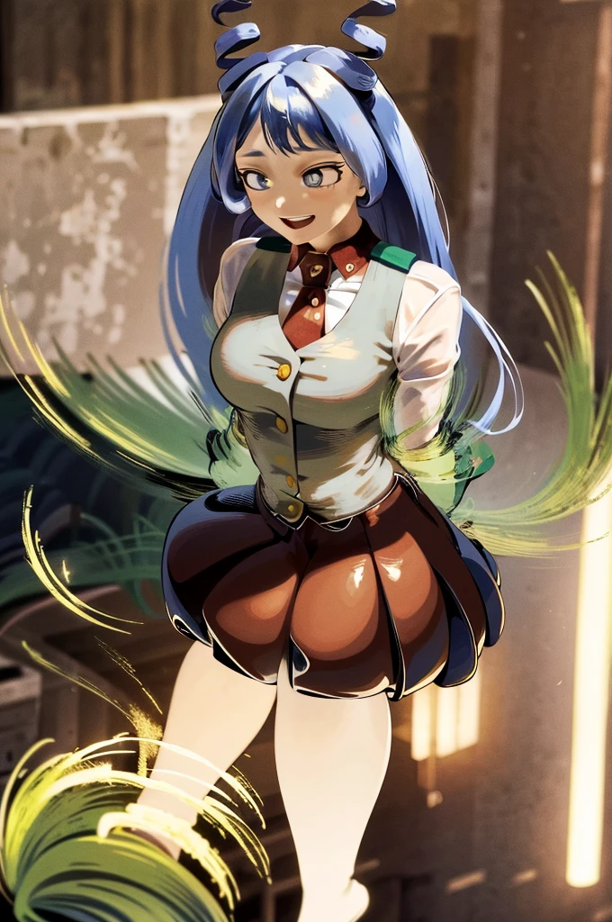 ((absurdres)), (((best Quality))), ((ultra detailed)), ((illustration)), full resolution, hdr, 8k, 16k, (Masterpiece, Best quality:1.4), (Beautiful, Aesthetic, Perfect, Intricate:1.2), (ultra resolution:1.2), (ultra detailed), 1girl, nejire hado, periwinkle hair, drill hair, hair horns, bangs, blue eyes, white shirt, BREAK, seifuku, , grey vest, green skirt, red tie, red necktie, ((upper body)), studio lighting, (((medium breasts))), ((happy)) 