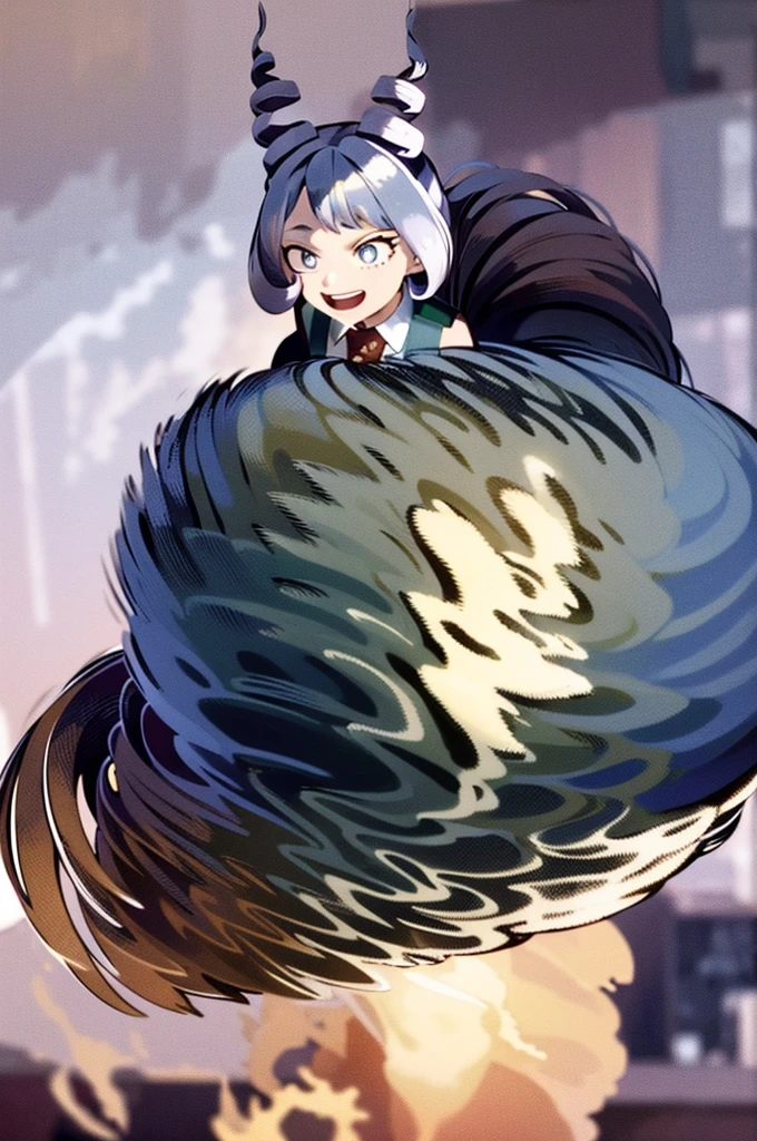 ((absurdres)), (((best Quality))), ((ultra detailed)), ((illustration)), full resolution, hdr, 8k, 16k, (Masterpiece, Best quality:1.4), (Beautiful, Aesthetic, Perfect, Intricate:1.2), (ultra resolution:1.2), (ultra detailed), 1girl, nejire hado, periwinkle hair, drill hair, hair horns, bangs, blue eyes, white shirt, BREAK, seifuku, , grey vest, green skirt, red tie, red necktie, ((upper body)), studio lighting, (((medium breasts))), ((happy))