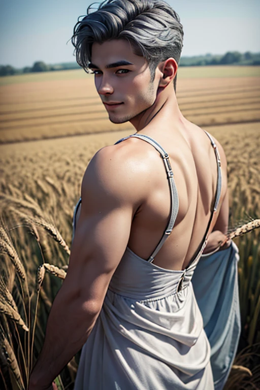 Realistic portrait of a busty shaved young man, 20years old, wearing a dress, straps. Location of wheat field. he should have a natural appearance, curvaceous forms, blue eyes, gray hair, smile. His back is turned to the photographer. Shoot this image in high resolution with a 35mm lens to get a good perspective.”, hot man , hot male, hot man