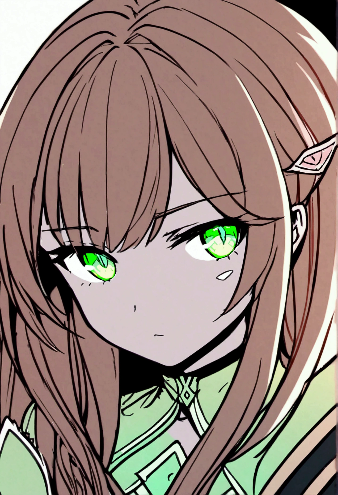 Dreams of Elysium title, dark fantasy, elven woman with long brown hair, dressed in black, green eyes, "dreams of elysium" written in runic font, sketch draw, black and white