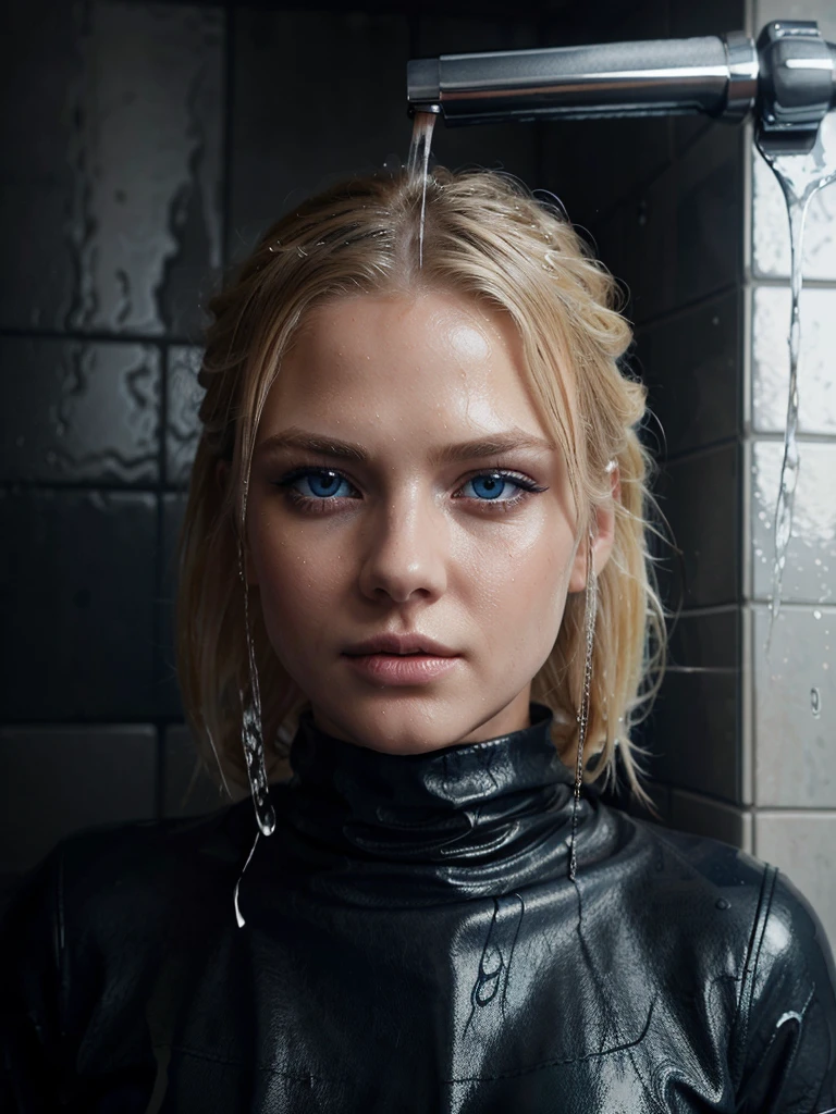 beautiful blonde girl with blue eyes in leather clothes getting wet in the shower,extremely detailed eyes and face,longeyelashes,photorealistic,beautiful detailed lips,8k,best quality,masterpiece,ultra-detailed,vivid colors,dramatic lighting,cinematic,dramatic pose,wet skin,water droplets,steam,moist environment