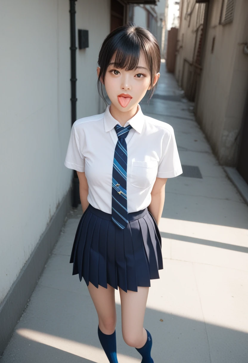 ,collared shirt,Short sleeve,pleated skirt,tie,Navy blue socks,(open mouth:1.5),(tongue out:2),dim,Alley,stand,Hands under the chin,front view,cowboy shot,from above(1girl,Beautiful 14 year old girl,teenager),((Slender,Small breasts,Small face,)),(looking at viewer),Black Hair,bangs,straight,Beautiful and detailed
