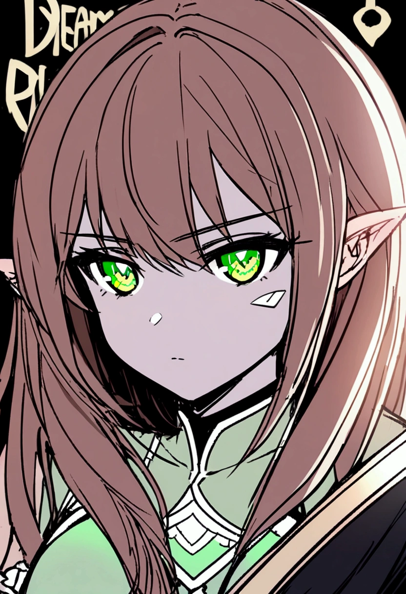 Dreams of Elysium title, dark fantasy, elven woman with long brown hair, dressed in black, green eyes, "dreams of elysium" written in runic font, sketch draw, black and white