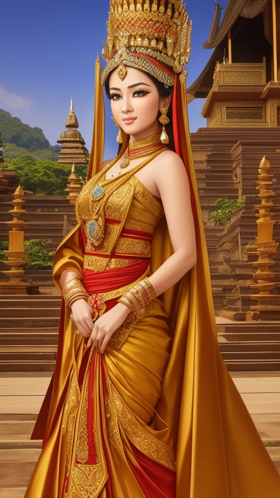 Draw a picture of Queen Ken Dedes from the Javanese Singosari Kingdom, looking naturally beautiful and sexy, with sharp eyes, wearing traditional Javanese royal clothing, with a Javanese temple in the background.