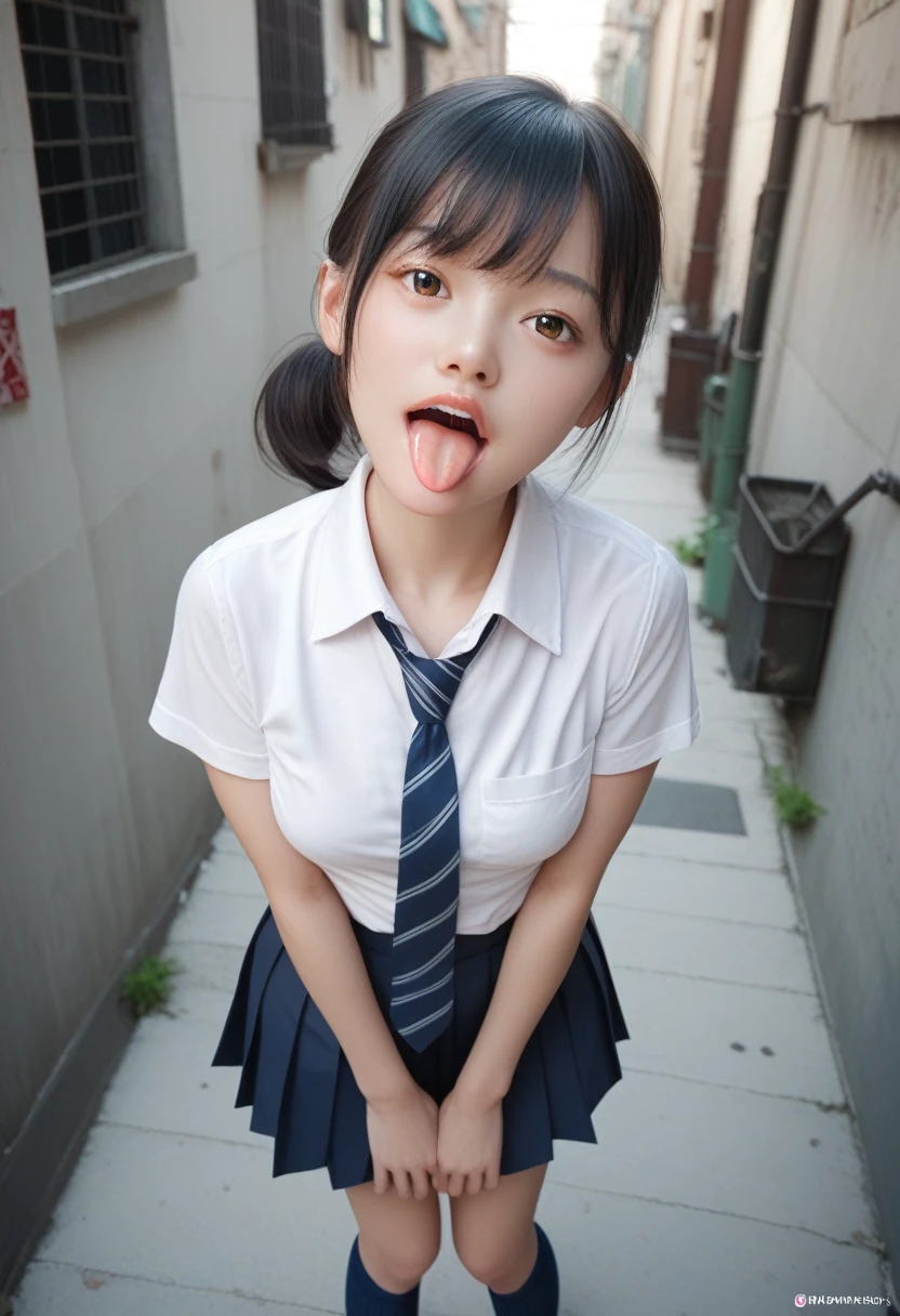 ,collared shirt,Short sleeve,pleated skirt,tie,Navy blue socks,(open mouth:1.5),(tongue out:2),dim,Alley,stand,Hands under the chin,front view,cowboy shot,from above(1girl,Beautiful 14 year old girl,teenager),((Slender,Small breasts,Small face,)),(looking at viewer),Black Hair,bangs,straight,Beautiful and detailed
