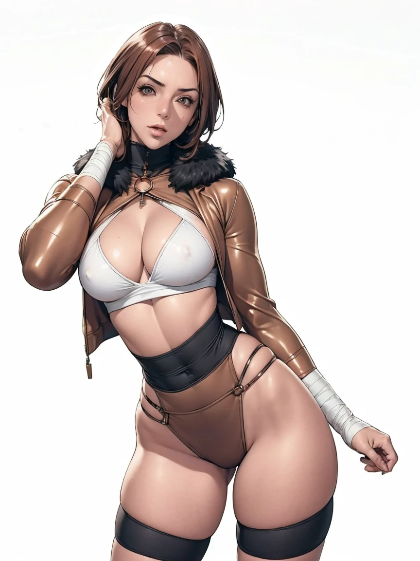 (((Annie Lennox))), (((copper color suit))), (scars), (((bandaged arms))), (((Copper-colored clothes))) ((fur hood)), (((best qualityer: 1.4))), (Unbeatable masterpiece), (hiper HD),(CG 8k hyper-realistic), brave face, (((breasts big))), (((hyper feminine))), sexly girl, black tattoo,(ultra short red hair with white highlights)), ((( sculptural body ))), (((1 Kizi))), Kizi tatuada de 25 anos com perfectbody,,Beautiful and well-groomed face,muscular body:1.2,solid color detailed jacket, (Head to thigh photos), Complex equipment, copper,Tight clothes,With white stars and off-white stripes,,,,,Armor Metal Electronic Parts, Poison tattoos ) INFO, Kizi, (((standing alone))), pirralha violent, 24歳, sexy, pose de atitude, work of art, post-apocalypse, (((manga style))), bounty hunter, the way you want, perfect body, roupa moderna, advanced technology, Pleated mini skirt with checkered pattern in red and black, fur collar jacket, sleeves with vertical striped pattern, neutral background, (( cowboy shot )). intricate visual, narrow waist, (((wide hips))), wide hips, fit thighs, (thigh gap), background shows a futuristic airplane