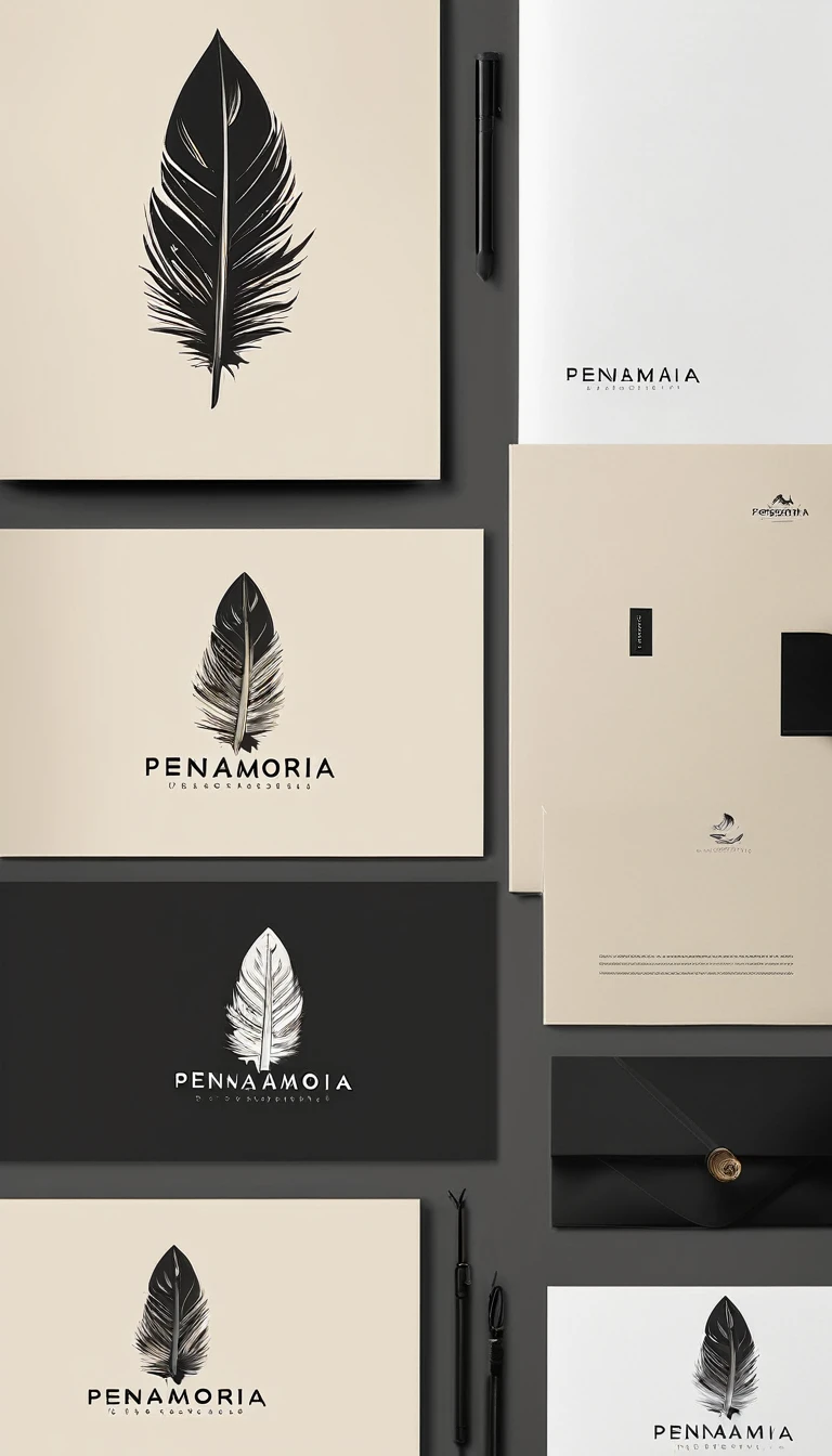 A minimal, modern, simple, cinematic logo design for the brand “Penamemoria". Create a modern, minimalistic, high-quality, logo of a boy-feather