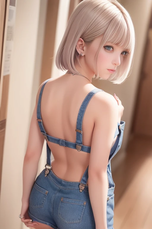 Overalls Mini Skirt、Worn next to skin、Emphasizing cleavage、1 girl、Silver Hair、Bob Hair、Medium breast、Masterpiece 1:3、Raw photo、Highest quality、(From behind、Back facing、turn around)、