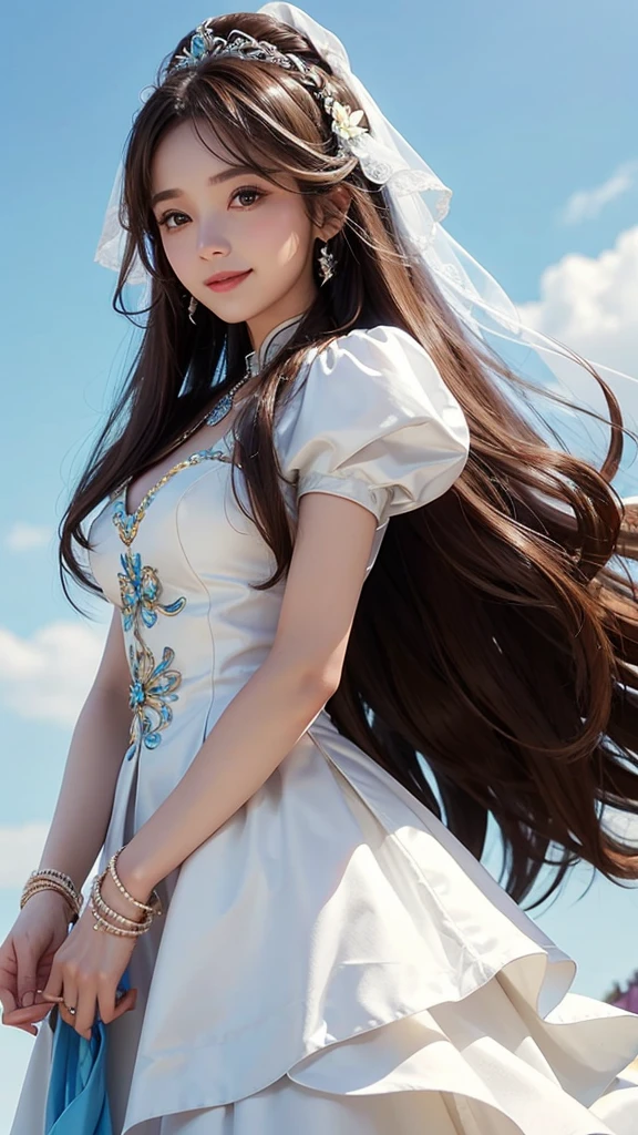 One girl, Long Hair, smile, sky blue background、Brown Hair, accessories, Wedding dress、Very detailed, accessories,