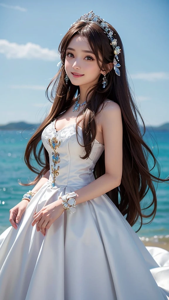 One girl, Long Hair, smile, sky blue background、Brown Hair, accessories, Wedding dress、Very detailed, accessories, 