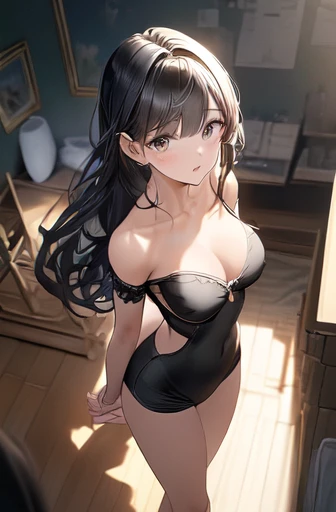(masterpiece, Highest quality:1.2), (Absurd, High resolution, Very detailed), (Perfect Anatomy), break , masterpiece, Highest quality, Very detailed, shape,(One Girl),Beautiful attention to detail, View your audience, close, (breast focus), (Place your arms behind your back:1.2), (From above:1.1), Long black hair, Huge breasts, (Exposing the breasts:1.3), (Off the shoulder:1.1), underwear , break , good