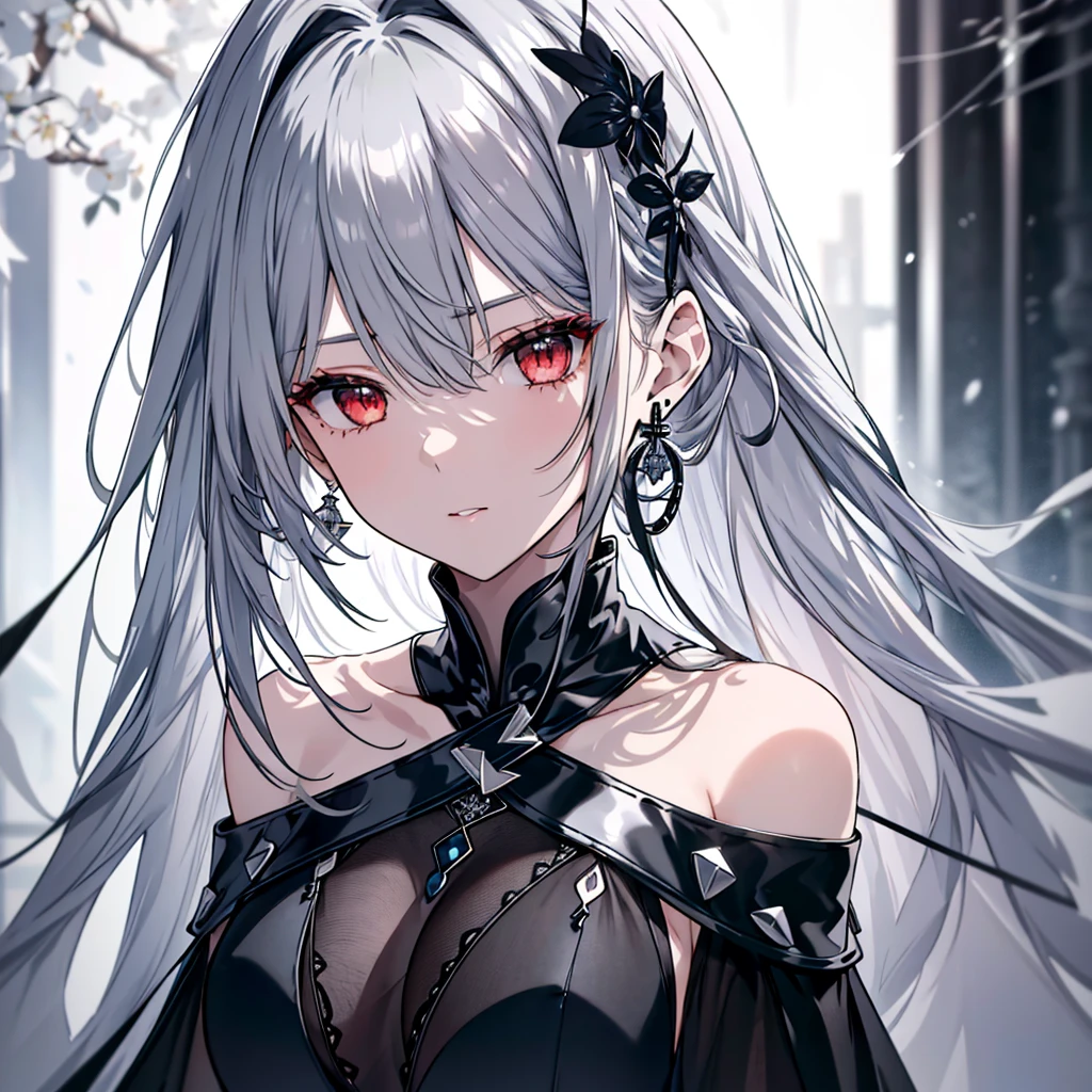 8k,High resolution RAW color art,Anime Art, (((Very detailed and cool))), Detailed skin, Blur、texture,(Exquisitely crafted, The finer details, Ultra-detailed art), (((1 girl))), Depth of written boundary, Silky Touch, Hyper Detail, (((Cool face))), eye shadow、Silver Marble Skin, Beautiful detailed red eyes, Beautiful lip detail, Very delicate face, Delicate depiction of hair and eyes, Delicate fashion, Silver earrings,Silver Bracelet、Full body depiction, Black half top、(((Shoulder Bare)))、Black shorts、black waist cloak、black tights、 A little bit of grey hair, Straight Hair、Semi-long hair、(((Hair)))、water surface、silk clotheatte、Tree Eyes、Snowstorm、Transparency
