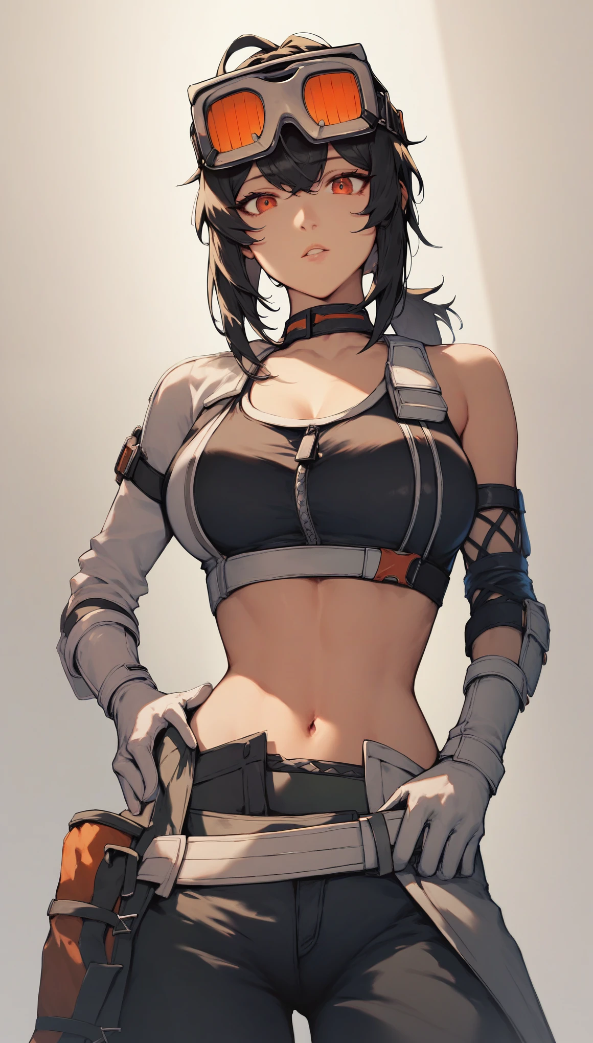 score_9, score_8, score_8_up, gracehd-ponyxl, 1girl, black choker, black gloves, white gloves, black pants, black sports bra, elbow gloves, goggles on head, looking at viewer, low ponytail, medium breasts, parted lips, white gloves, zipper, belt