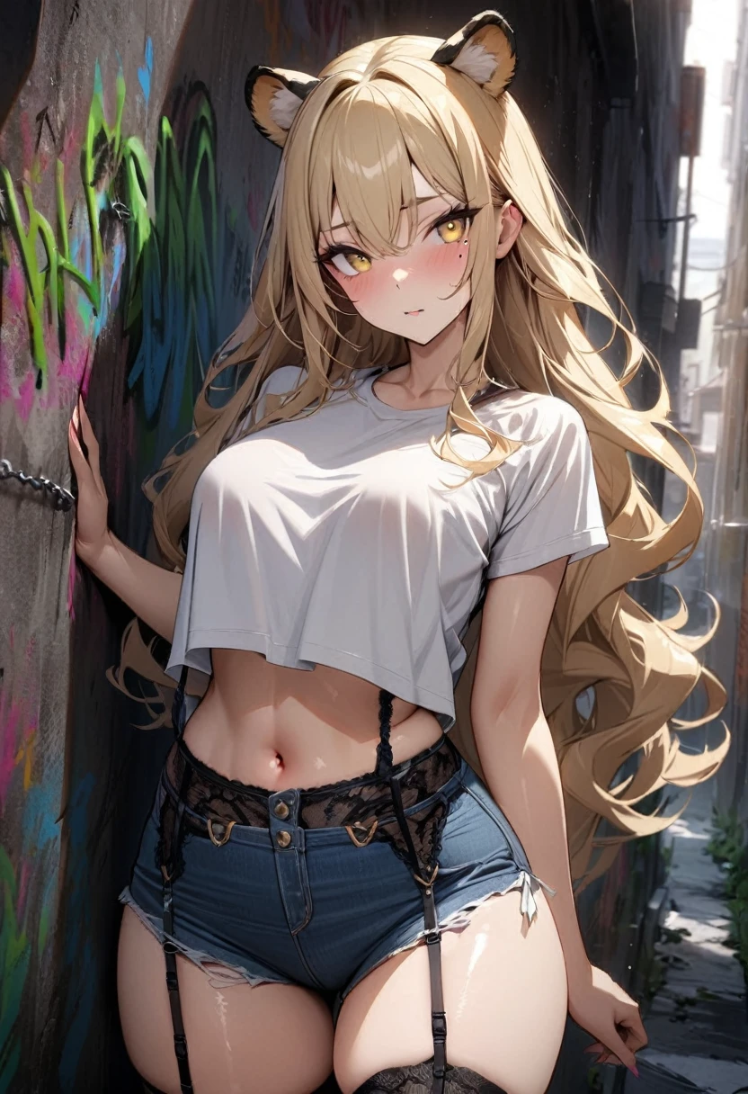 1girl、(((best quality)), ((masterpiece)), (details), masterpiece, best quality, high quality, ulutra detailed, perfect face, ((1girl, blond eyes, tiger ears: 1.3 blond long hair: 2.5,Mole under left eye：2.0))、Shiny Hair、Glowing Skin、Lustful look、（Underboob）、 Ripped punk t-shirt, Short denim ripped、garter belt jeans, chain, In the back alley, Spray graffiti on the wall、