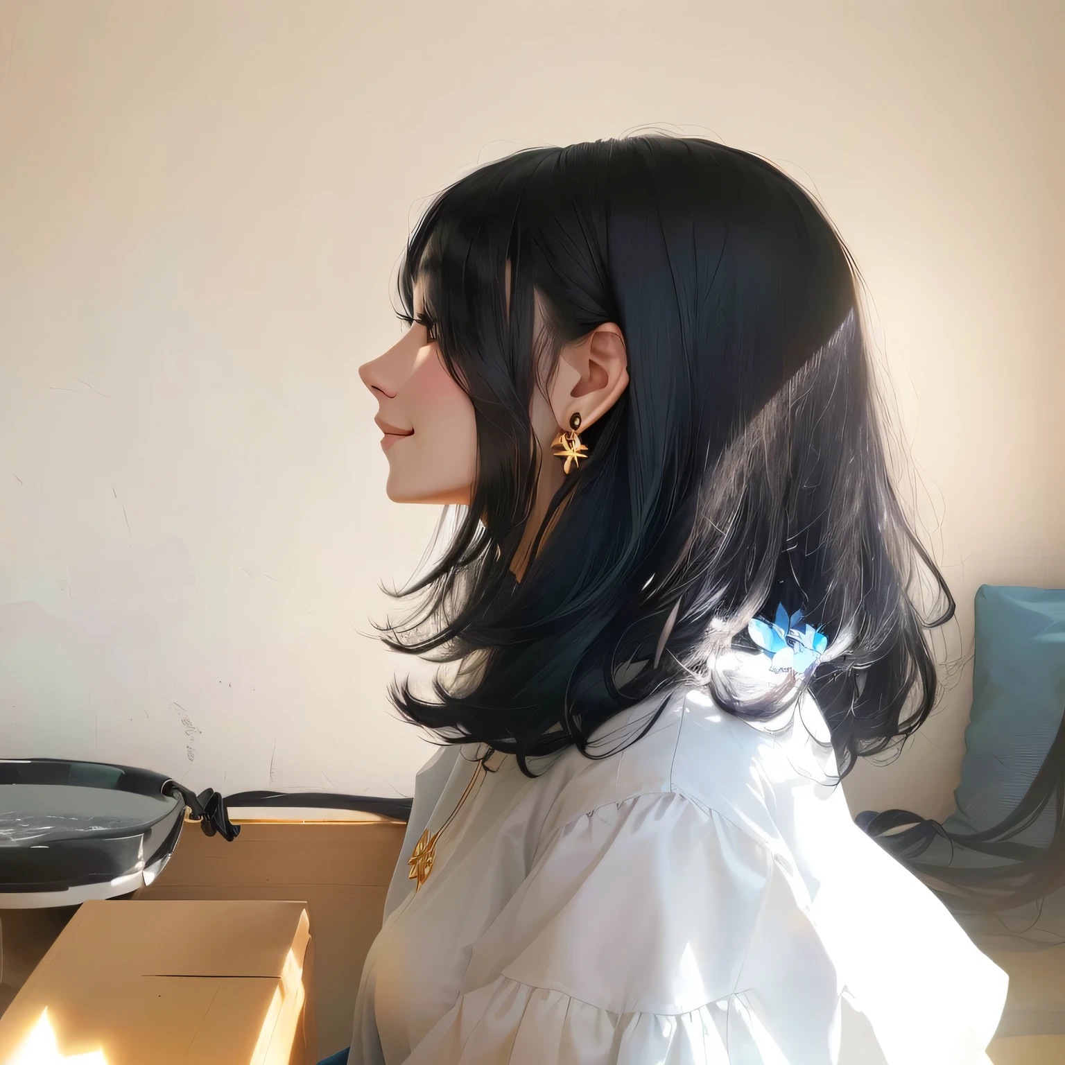 There is a woman sitting, Shoulder-length hair, Hair is over the ears, Black Hair, 側view, Pale light blue background, White shirt, smile, profile, Gold earrings, flower