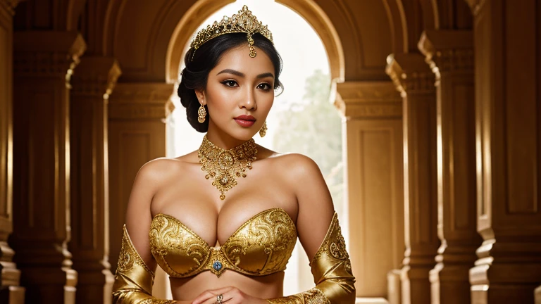 (best quality,4k,highres,masterpiece:1.2),ultra-detailed,realistic:1.37,beautiful and regal Javanese queen with hijab,dark and luxurious palace backdrop,beautiful detailed eyes and face,long eyelashes, big huge breasts with bra, voluptuous and curvy figure,exquisite jewelry and accessories,ornate and intricate patterned textiles,dazzling crown and royal attire,golden light illuminating the scene,vibrant and vivid color palette,soft and ethereal lighting,confident and alluring expression,graceful and elegant pose,serene and majestic atmosphere,rich cultural elements and symbols,meticulously captured body contours,subtle and tasteful sensuality,endless attention to every detail,romantic and dreamlike ambiance,artistic interpretation of beauty,stylish and sophisticated composition. INFO