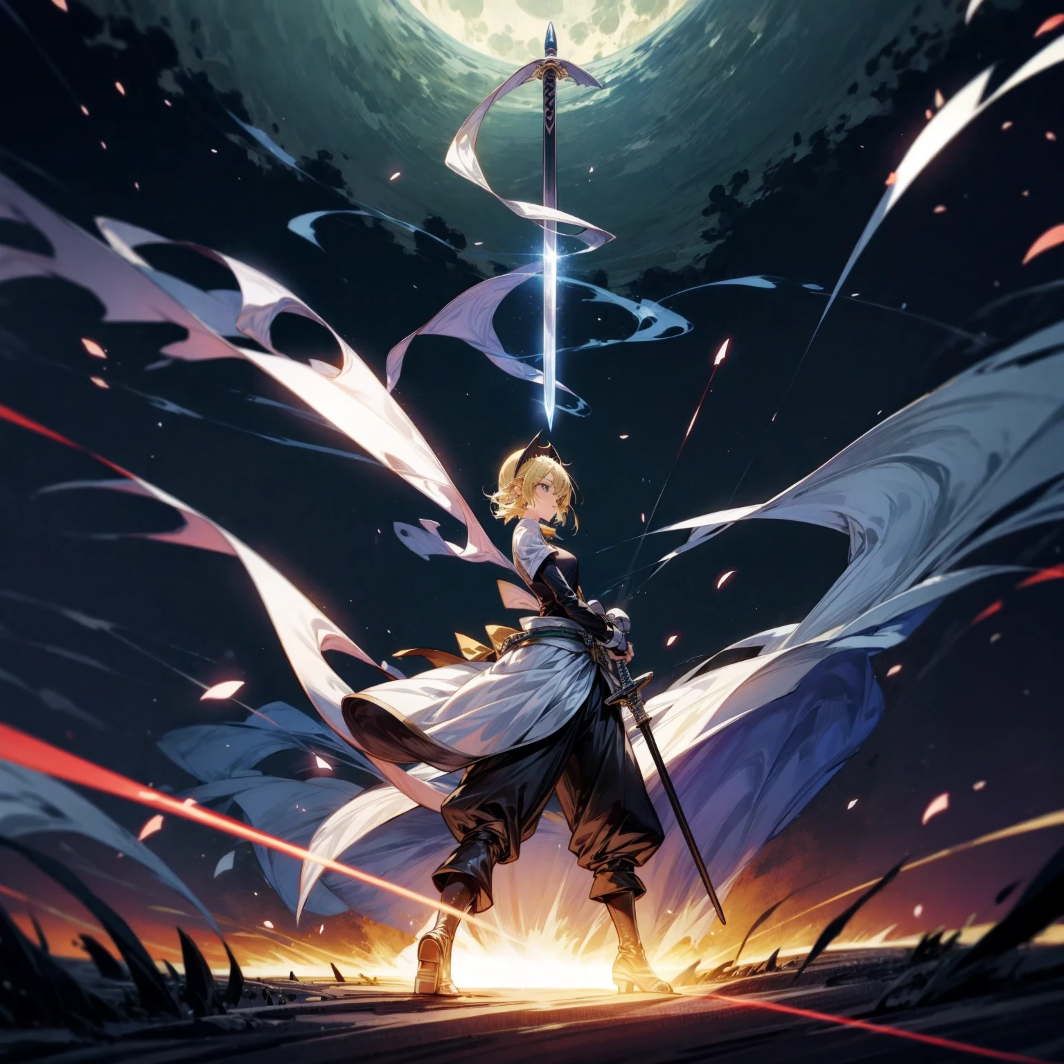 1girl, Full body version, 1character, black eyes, long Frizzy haircut, blonde colour hair, soldier knight clothing, long pants, headband, armors, boots, Grassroots, full background in field, motion blur, lighting, (one piece art), standing poses, sword in hand, lighting effect on sword, lighting blue on sword, fire effect, plasma effect, smoke effect moon, Moonlight, high angle view