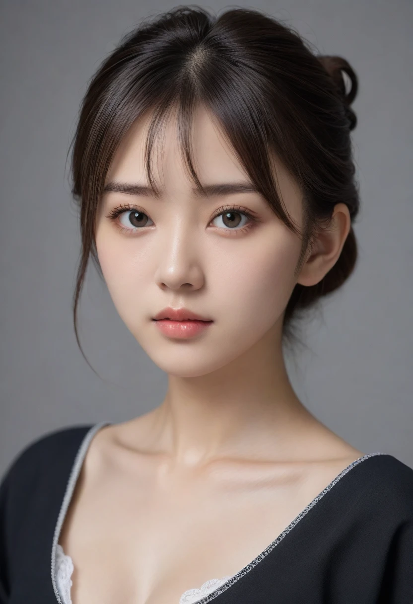 8k, Ultra-high resolution, Highest quality, masterpiece, 三分割法によるphotograph,Surreal, photograph, 1 Girl, (:1.3), pretty girl, Cute Face, Beautiful eyes in every detail, 細かくdetailedに,masterpiece,One Girl:1.2,Japan Female Teachers,extream close up,sad,streaming tears,Black short hair,Messy bun hair,(black suit:1.3),Nun's clothing,(印象派の美しい少女のPortraiture), (Gray background:1.3),(Impressionist light and colour),Dedication to God,Realistic Skin, Perfect and beautiful face ,完璧でCute Face, Skin with attention to detail, Perfect limbs、Narrow waist,Looking at the audience、beauty,Long neck,clavicle,(((Ideal body type))),A cup small breasts :2,Portraiture:2,Perfect Anatomy,鮮明なdetailed,detailed,Surreal,Light and shadow,spotlight
