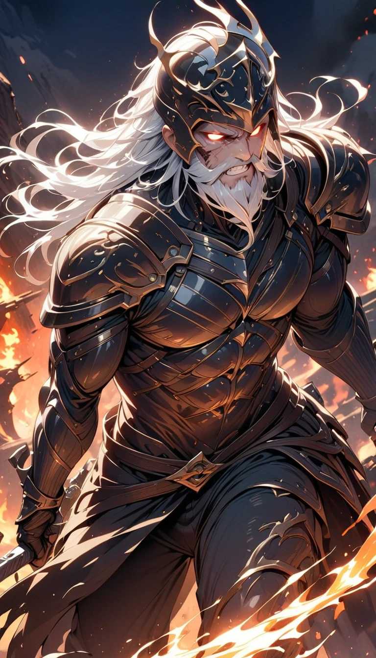((best quality)) , ((masterpiece)) , (detailed),weapon, armor, holding, long hair, facial hair, glowing eyes, 1boy, male focus, holding weapon, glowing, sword, outdoors, helmet, braid, teeth, fire, shoulder armor, pants, grey hair, beard, bangs, holding sword, muscular male, white hair,
