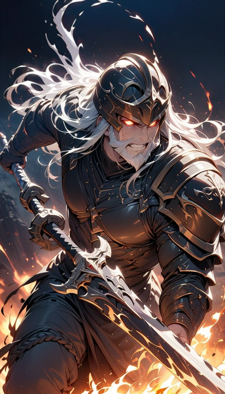 ((best quality)) , ((masterpiece)) , (detailed)，weapon, armor, holding, long hair, facial hair, glowing eyes, 1boy, male focus, holding weapon, glowing, sword, outdoors, helmet, braid, teeth, fire, shoulder armor, pants, grey hair, beard, bangs, holding sword, muscular male, white hair,