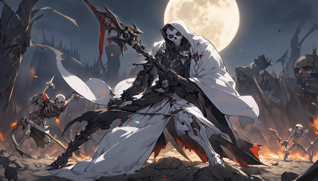 A man with a silver skull that covers his entire face and head, wears medieval Templar-style armor painted white, draws his sword and looks at the sheath lying on the ground while the Templar with a silver skull helmet stands in a fighting position with his sword drawn, all this while night reigns and the moon can be seen in the background of the imagearafed image of a man in a white robe holding a sword, skeleton knight, beautiful male god of death, king of time reaper, the harbringer of death, the reaper as a scary, undead knight, reaper from overwatch, skeleton warrior, ainz ooal gown, the grim reapper, reaper of night!!!!, portrait of the god of death