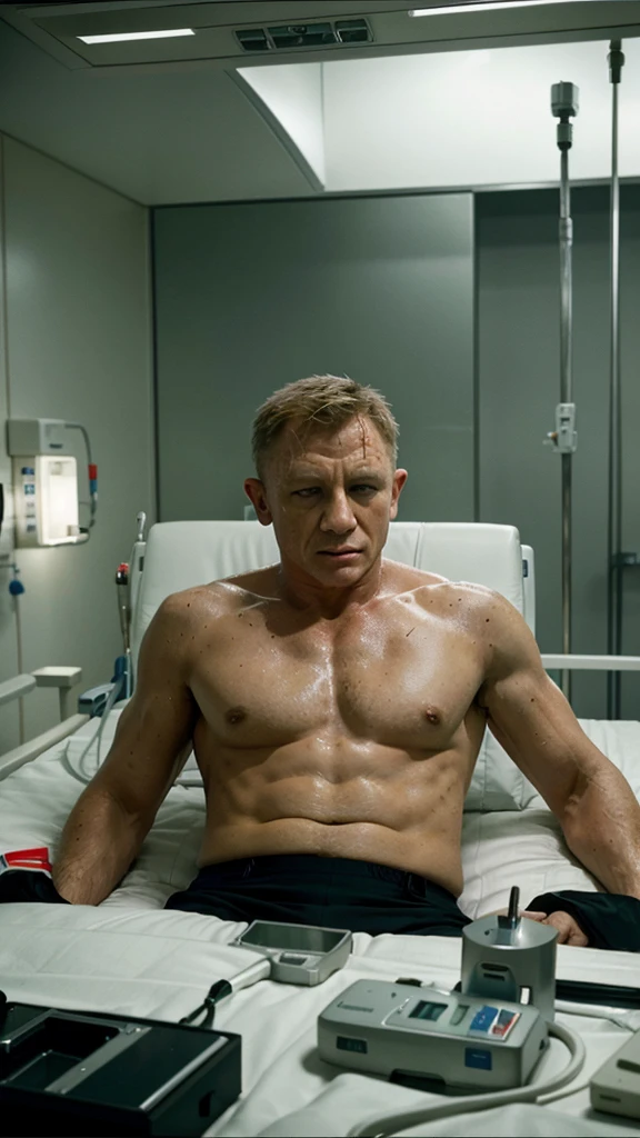 James Bond (Daniel Craig) lying on a hospital bed, surrounded by medical equipment attached to his chest. The setting should be a modern, upscale hospital room. This scene highlights that chronic diseases such as cardiovascular issues are among the top causes of death worldwide."