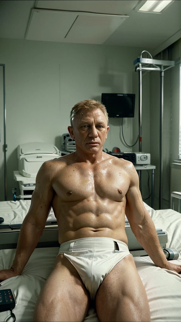 James Bond (Daniel Craig) lying on a hospital bed, surrounded by medical equipment attached to his chest. The setting should be a modern, upscale hospital room. This scene highlights that chronic diseases such as cardiovascular issues are among the top causes of death worldwide."