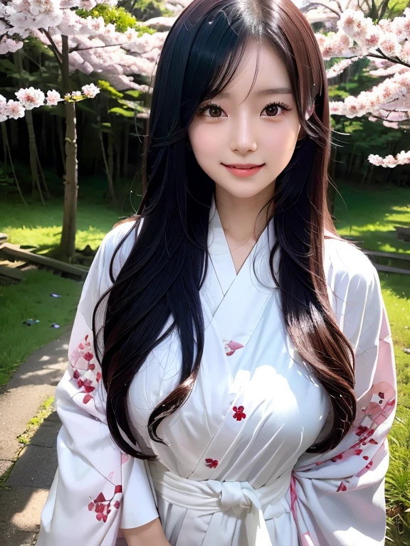 Young asian girl, very long black hair, until the hip, Brown eyes, white fox tail, with a white kimono, with pink cherry blossoms, happy, in a japanese forest, with blue magic in his hands 