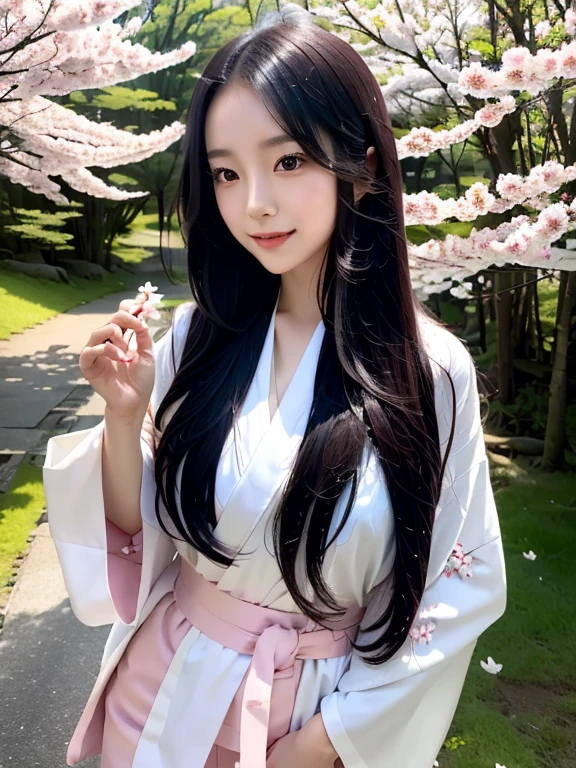 Young asian girl, very long black hair, until the hip, Brown eyes, white fox tail, with a white kimono, with pink cherry blossoms, happy, in a japanese forest, with blue magic in his hands