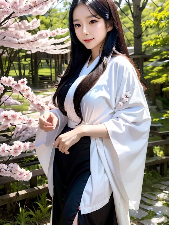 Young asian girl, very long black hair, until the hip, Brown eyes, white fox tail, with a white kimono, with pink cherry blossoms, happy, in a japanese forest, with blue magic in his hands 