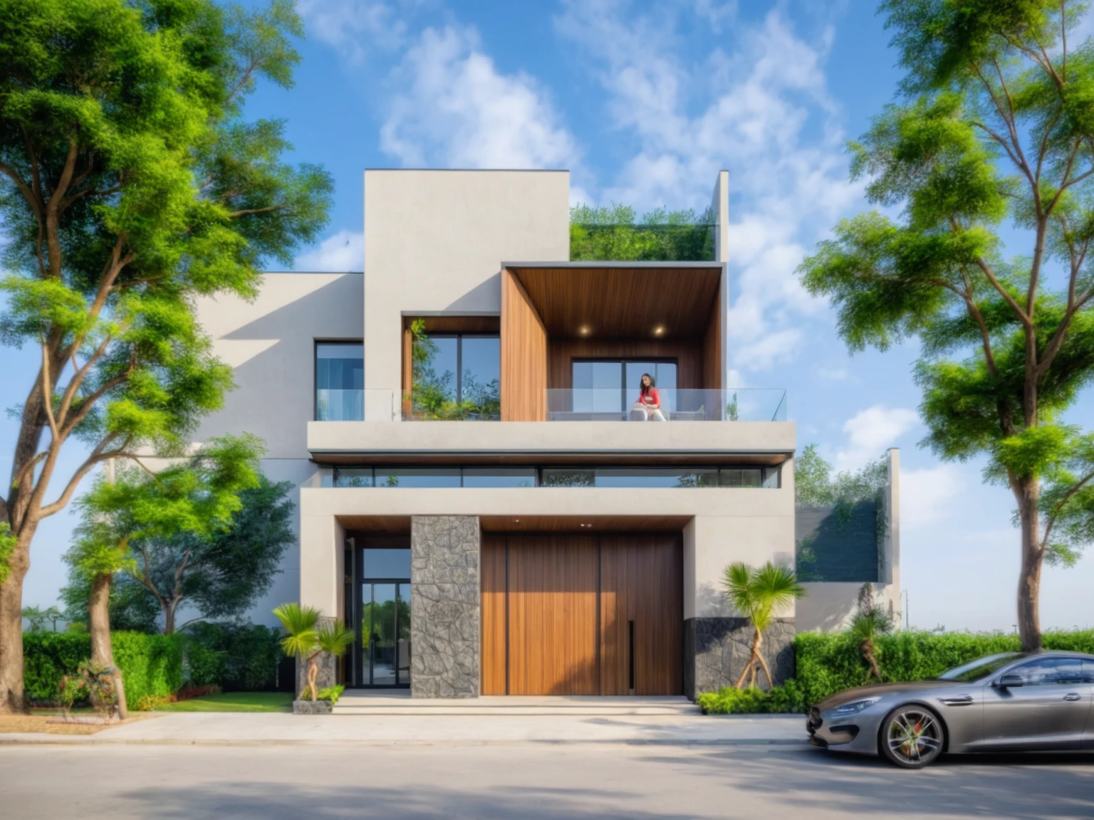 modern villa on street, (daylight), tropical tree, green shrub and plants, vivid color, streetcapes, minimalist design, brigth grey tone, (large glass door:1.2), warm interior lighting, modern material, best quality, ultra realistic, masterpiece,