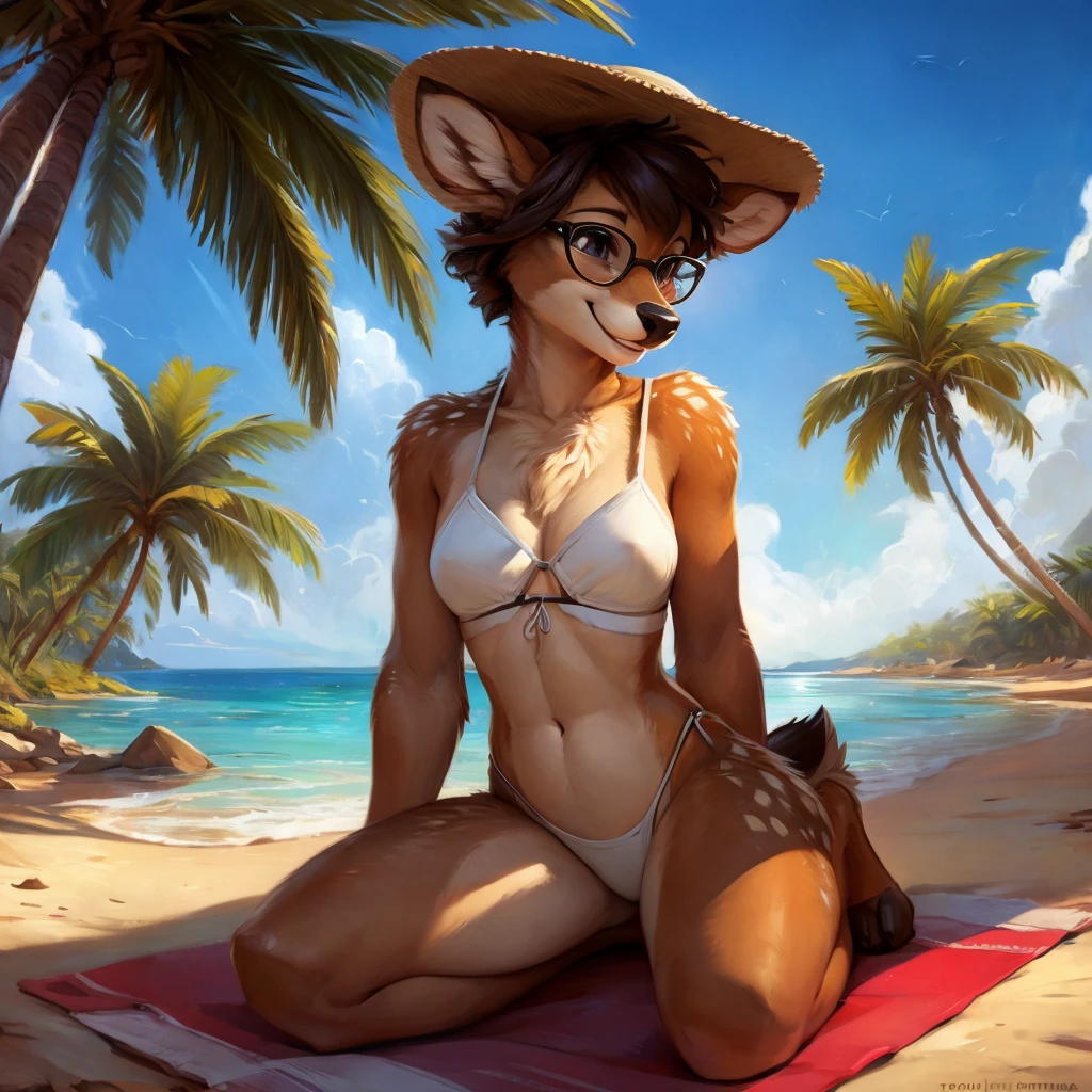 uploaded on e621, artstation, by Pixelsketcher, by Bayard Wu, by Thomas Benjamin Kennington , by Einshelm, by hioshiru and kenket, Chunie, portrait, solo anthro female deer doe, tiny featureless breasts, tiny breasts, clear dark blue, cinematic lighting, day, sunny day, beach, walks on a beach, ocean background, horizon background, palm trees background, palm trees, shiny, short curly dark brown hair, short hair, wears big black nerd glasses, very very beautiful furry art, furry art, smiling, joyful, shiny, happy, feminine, cute face, muzzle, fluffy chest, flawless face, Fallow deer, 1girl, Sakimichan is beautiful, Masterpiece, Wavethesallow Face, shiny, Detailed image, portrait, Detailed image, portrait, wears pure white bikini, wears beige summer straw hat, shiny, realistic face, perfect anatomy, hourglass body, (furry body:1.1), anthropomorphic deer, happy, very happy, small ears, huge black nerd glasses, full body, sits on a sun towel, enjoys the sun, a few palm trees in the background