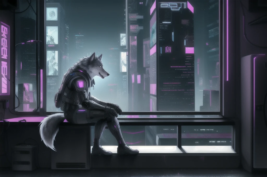 anthropomorphic male gray wolf, sitting on a window, cyberpunk background