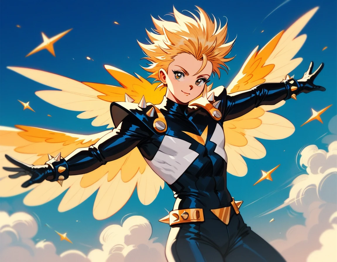 (score_9,score_8_up,score_7_up,score_6_up,score_5_up,score_4_up)gray and white cat with yellow spiked hair and wings in retro super hero art style


