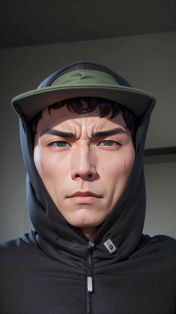 ((8k Resolution)) (( Uciha Obito)), 1boys, Asian face, Uciha Obito, uyu right rinengan, eye left sharingan, black Hoodie, green cap, Realistic, Ultra detail,