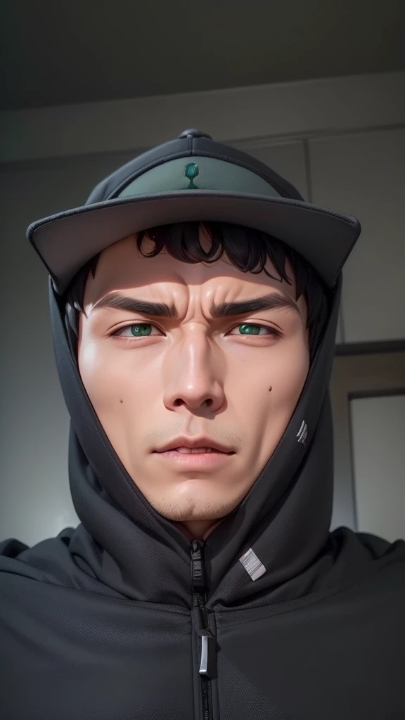 ((8k Resolution)) (( Uciha Obito)), 1boys, Asian face, Uciha Obito, uyu right rinengan, eye left sharingan, black Hoodie, green cap, Realistic, Ultra detail,