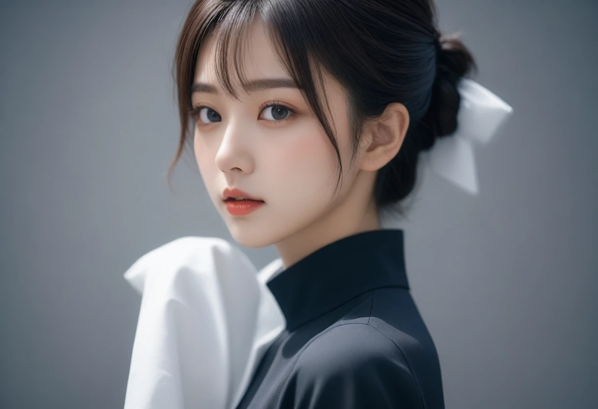 8k, Ultra-high resolution, Highest quality, masterpiece, 三分割法によるphotograph,Surreal, photograph, 1 Girl, (16 years old:1.3), pretty girl, Cute Face, Beautiful eyes in every detail, 細かくdetailedに,masterpiece,One Girl:1.2,Japan Female Teachers,extream close up,sad,streaming tears,Black short hair,Messy bun hair,(black suit:1.3),Nun's clothing,(印象派の美しい少女のPortraiture), (Gray background:1.3),(Impressionist light and colour),Dedication to God,Realistic Skin, Perfect and beautiful face ,完璧でCute Face, Skin with attention to detail, Perfect limbs、Narrow waist,Looking at the audience、beauty,Long neck,clavicle,(((Ideal body type))),A cup small breasts :2,Portraiture:2,Perfect Anatomy,鮮明なdetailed,detailed,Surreal,Light and shadow,spotlight