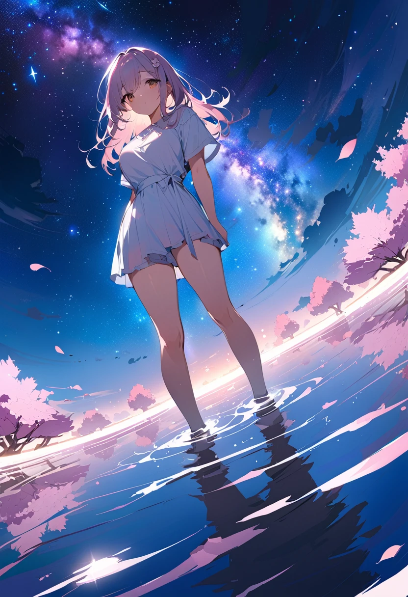 （（Highest quality））， （（masterpiece））， （（Ultra Wide Angle）），night,woman、，Standing on a salt lake，The water surface is like a mirror，Reflecting the sky。Look at the sky，The Milky Way is in the sky,（cherry blossoms）,cherry blossoms並木,ピンクのcherry blossoms,cherry blossomsの巨木