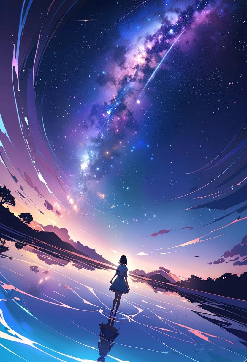 ((Highest quality)), ((masterpiece)), ((Ultra Wide Angle)),night,woman、,Standing on a salt lake,The water surface is like a mirror,Reflecting the sky。Look at the sky,The Milky Way is in the sky,(cherry blossoms),cherry blossoms並木,ピンクのcherry blossoms,cherry blossomsの巨木