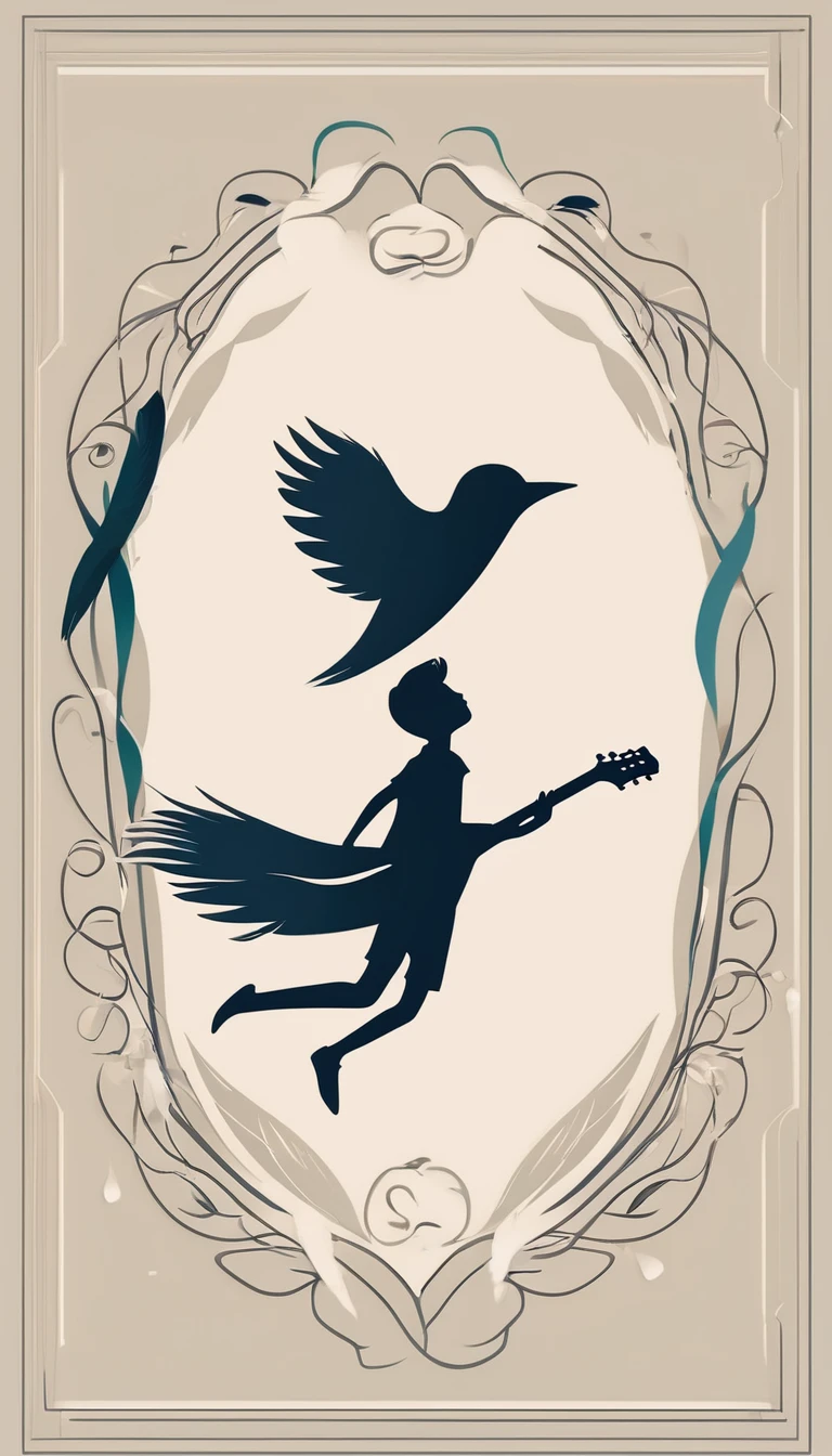Create a modern, minimalistic logo design for a brand called " Penamemoria". The logo of a boy is running with open arms, holding an acoustic guitar in the right hand and a bird feather in the left hand. Minimalistic logo design impressed on a book cover