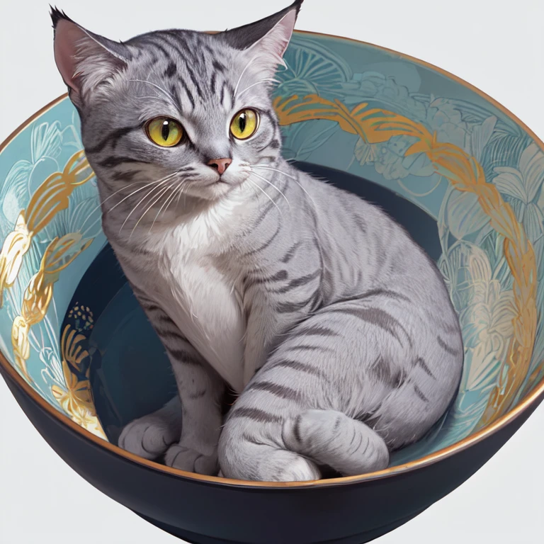 (masterpiece:1.2, high quality),
Line art, One cat, (High Angle), (whole body:1.5), (green| Grey Cat), There is a bowl next to the cat, Yellow cat eyes,
Simple Background, White Background,