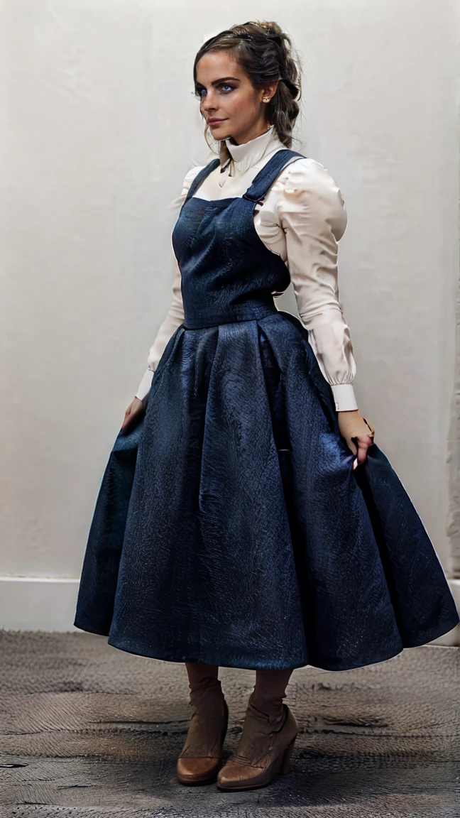 Image is a full-body portrait of a woman standing against a plain, light peach background. She has a light skin tone and is wearing a blue dress with long, puffed sleeves and a high collar. Her outfit includes a long, flowing, blue skirt that reaches her ankles. She is also wearing a matching rust-colored hijab that is neatly wrapped around her head and drapes over her shoulders. Her footwear consists of light gray, pointed-toe shoes. The overall style is modest and elegant, with a harmonious color palette of white and blue, with an accent of rust.