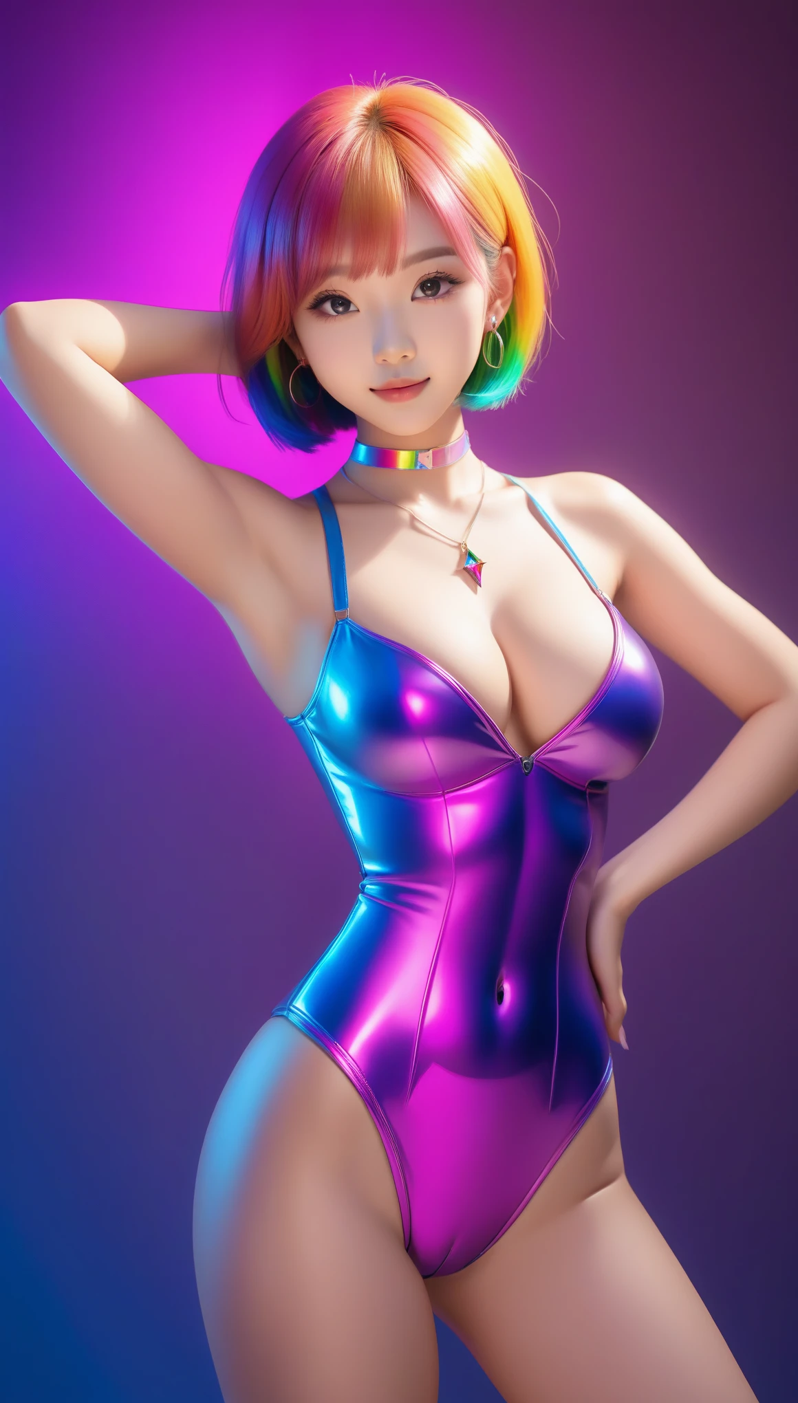 gorgeous 20-years-old asian 1girl, best quality, masterpiece, facing viewer, seductive smile, professional makeup, necklace, glossy lips, looking at viewer, short rainbow-colored hair, ((huge breasts, perfectly round breasts)), full_cup_breasts, cleavage, full body, polished rainbow-colored (latex) bodysuit, revealing clothing, earring, no nipples, visible pussy shape, (((uberfit abs))), ((muscular arms)), thin waist, suggestive pose, athletic hot body, professional studio lighting, official art, unity 8k wallpaper, ultra detailed, beautiful and aesthetic, masterpiece, best quality, extremely detailed, dynamic angle, elegant, vivid colours, atmospheric, detailed skin, detailed face, realistic, photorealistic, cinematic, epic, stunning, ambient light, creative, positive, cute, joyful, glowing, pure, pristine, very inspirational, magical, perfect, real, atmosphere, romantic, highly coherent, color, shining, background, holy, illuminated