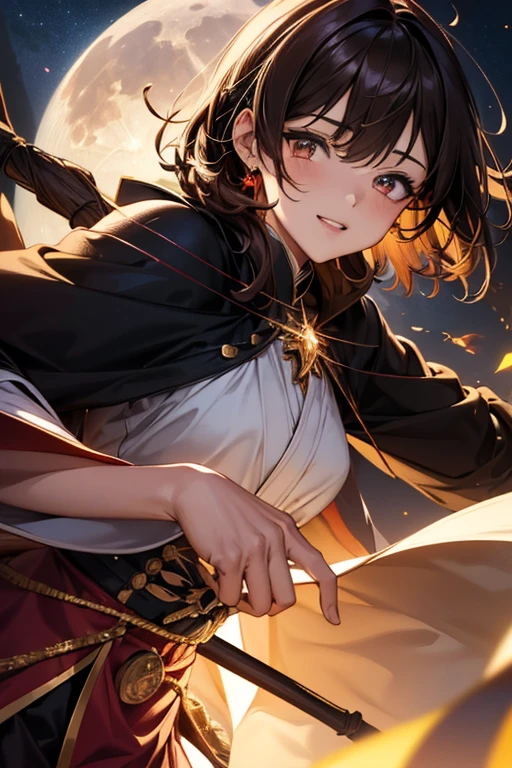 Irohaisshiki, isshiki iroha, short hair, Brown Hair, (Brown eyes:1.5), smile,He has a jeweled staff grip in his open right hand.,((Night Sky)),((Big full moon)),((Sparkling and colorful stars)),Fluffy hair,((Idol style costume with soft volume)),Long skirt,((witch)),ability inflammation,
break outdoors, forest,forest
break looking at viewer,Upper Body,
break (masterpiece:1.2), Highest quality, High resolution, unity 8k wallpaper, (shape:0.8), (Narrow and beautiful eyes:1.6), Highly detailed face, Perfect lighting, Highly detailed CG, (Perfect hands, Perfect Anatomy),