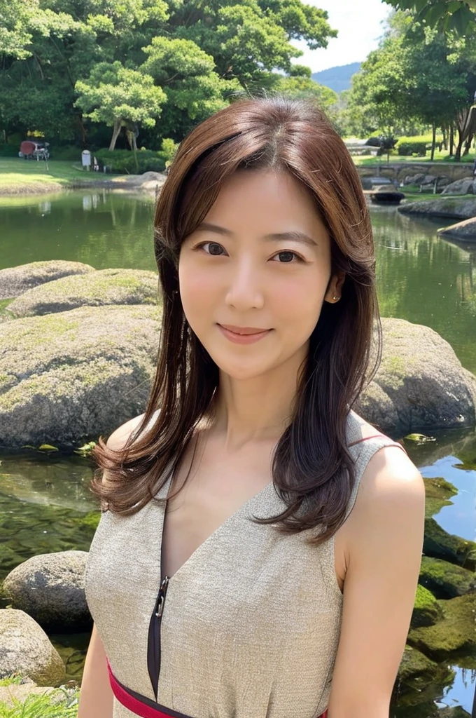 ((Highest quality)), ((masterpiece)), (detailed),Perfect Face,Japanese,landscape,Mature Woman,Upper Body