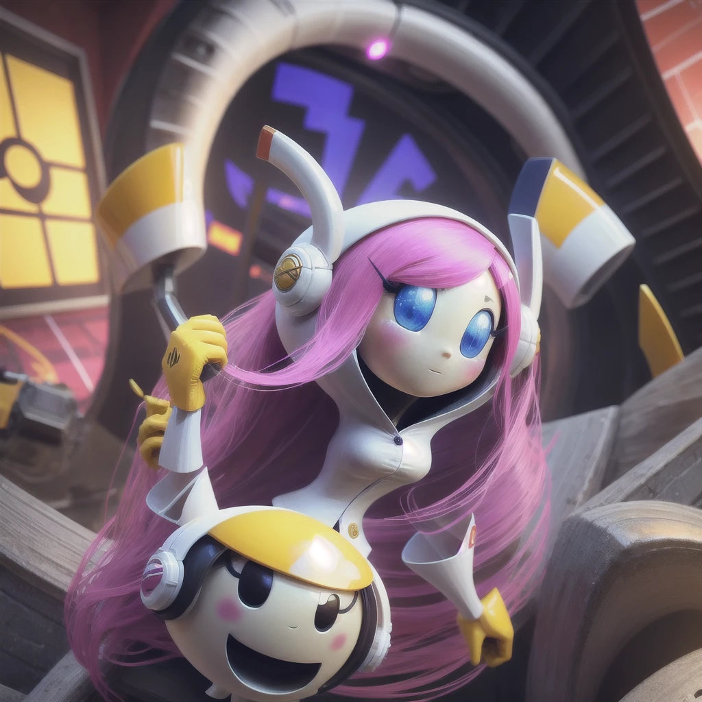 Suzie Haltmann, Suzie (Kirby), Planet Robot, pink hair, long hair, blue eyes, blue sclera, gold hair clip, secretary, robot girl, white shirt, gray skirt, pencil skirt, skirt dress, orange gloves, cuffs white, headphones, robot ears, antennas, in a robot armor