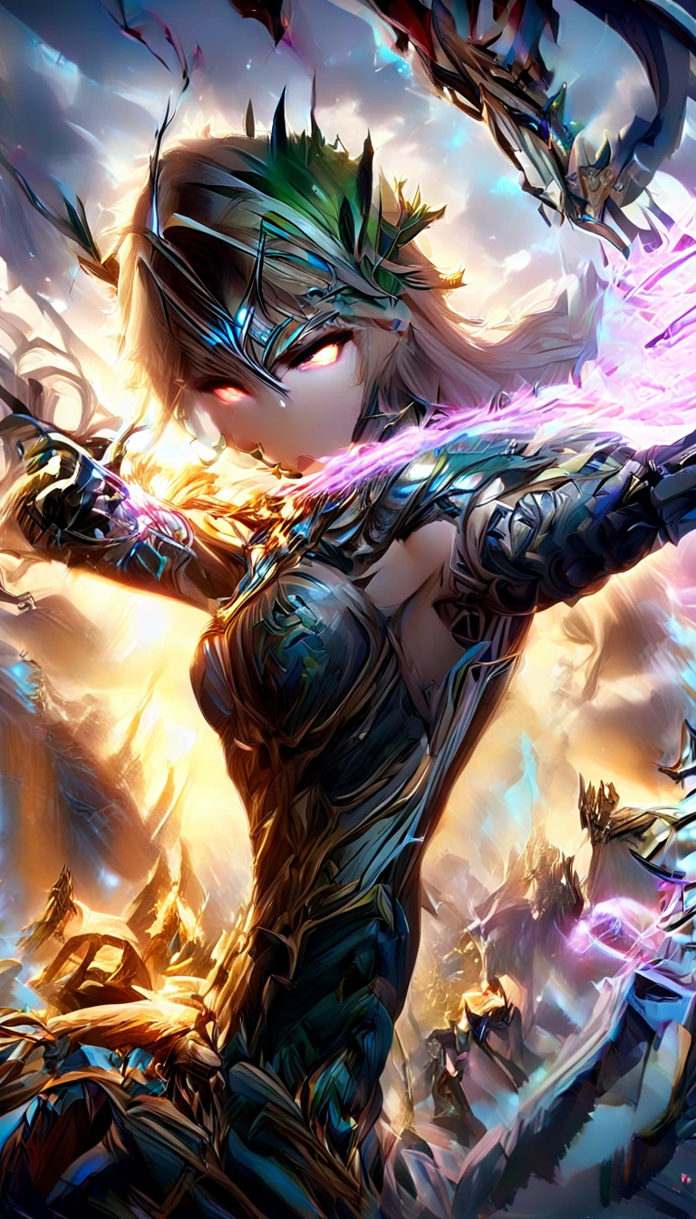 Katalina Thunderbolt, superheroine, Goddess of Thunder, mid-air pose, thunderbolt bow, sleek alluring form-fitting yellow costume, electrifying patterns, blonde hair, mask, glowing eyes, glowing accents, agile flexible physique, vibrant electric currents, dynamic stormy sky, bolts of lightning, swirling clouds, central composition, digital illustration, fantasy art, superhero art, intricate details, ultra-detailed, 32k resolution, epic lighting, stunning composition, vibrant yellows, beautiful masterpiece, cinematic.