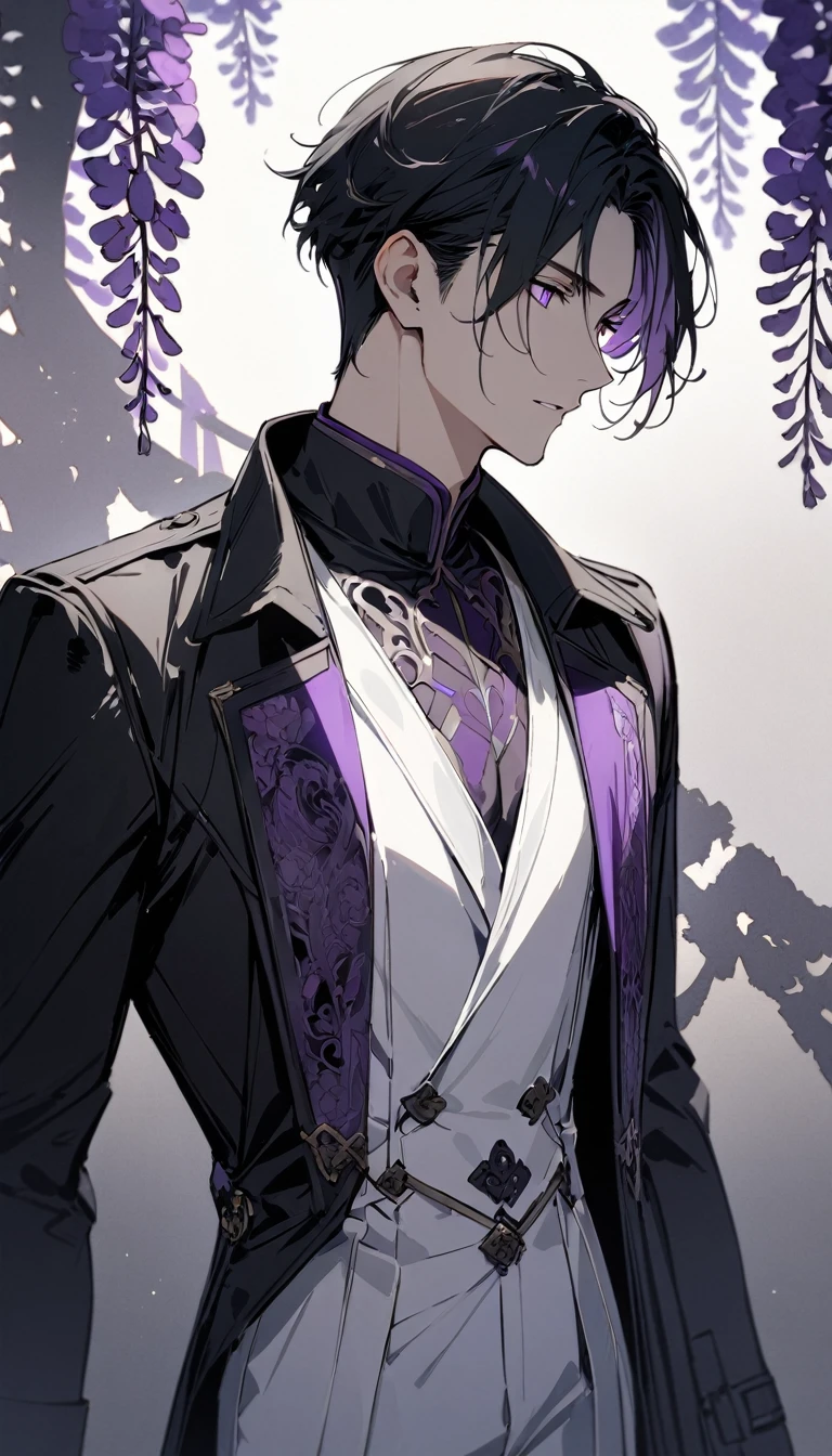 (masterpiece:1.5),best quality,(1 Handsome and calm man),alone,black short hair,(purple eyes), (soft expression),perfect face,Fantasy Chinese style,Long black trench coat,white and purple cloth,Complex clothing design with Chinese elements,Black leather gloves,white lining,White suit pants,Slightly muscular body,High,8K,Beautiful contrast of light and shadow,purple flowers,Dark luxury background,Wisteria flowers,(complete upper body),Positive face,luxury screen